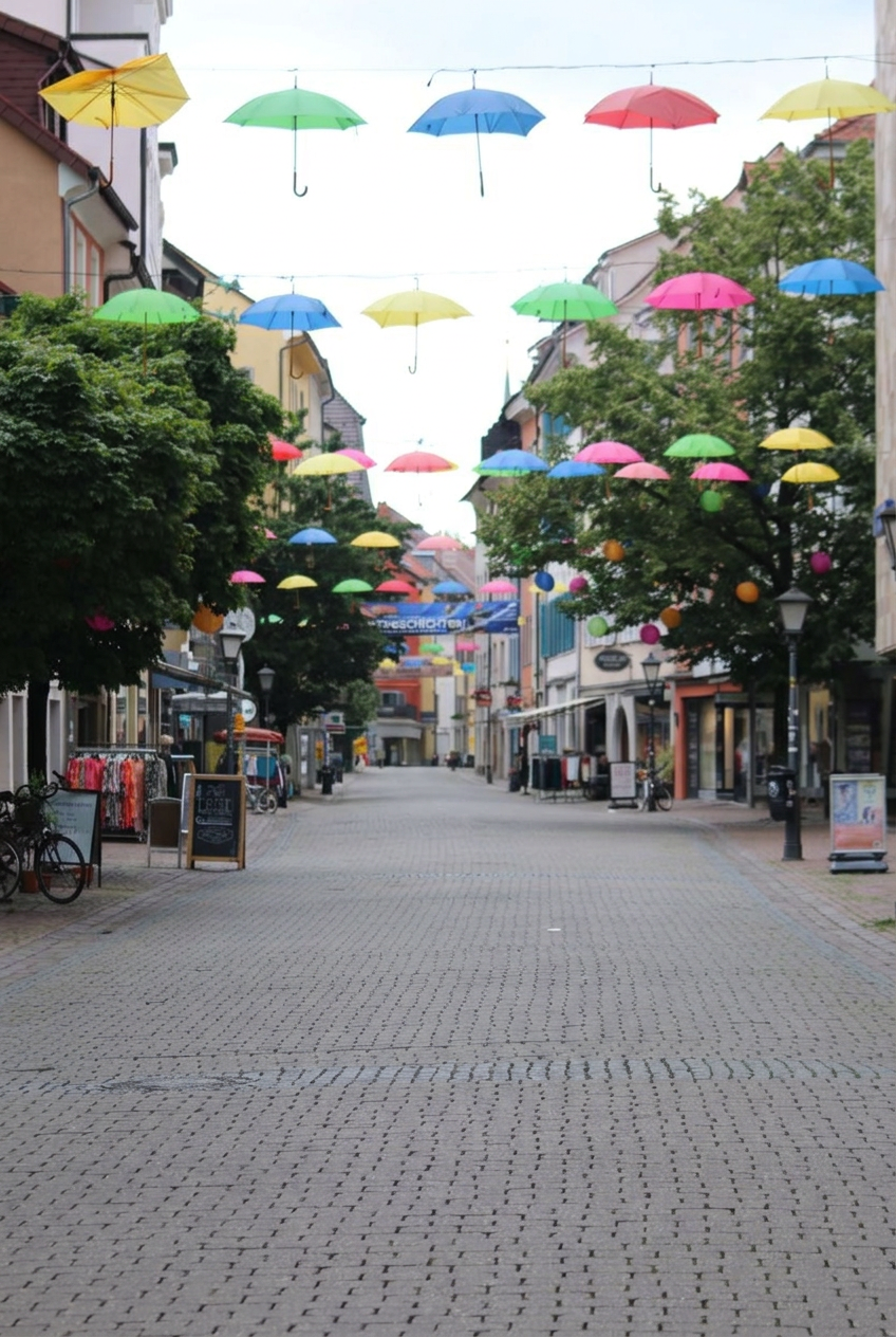 מדרחוב מרוצף מקושט במטריות צבעוניות תלויות | Cobblestone Pedestrian Street Decorated with Hanging Colorful Umbrellas