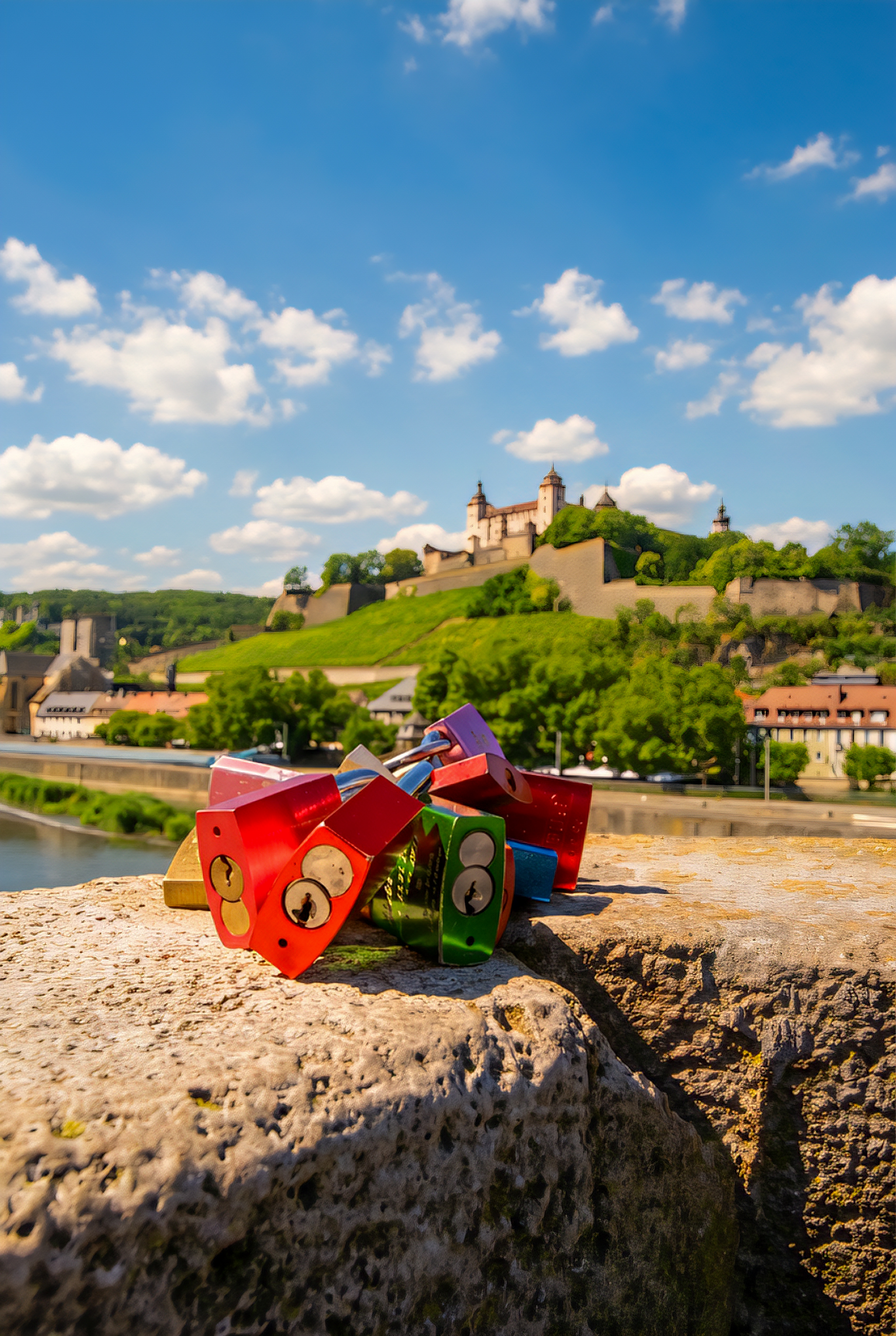 מנעולי אהבה צבעוניים על חומת אבן מול נוף של נהר וטירה | Colorful Love Locks on a Stone Wall Facing a River and Castle Landscape