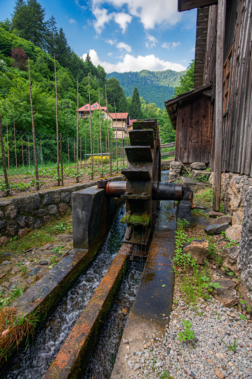 גלגל מים פועל בתעלת אבן לצד מבנה עץ באזור כפרי ירוק | Working Water Wheel in a Stone Canal Beside a Wooden Building in a Green Rural Area