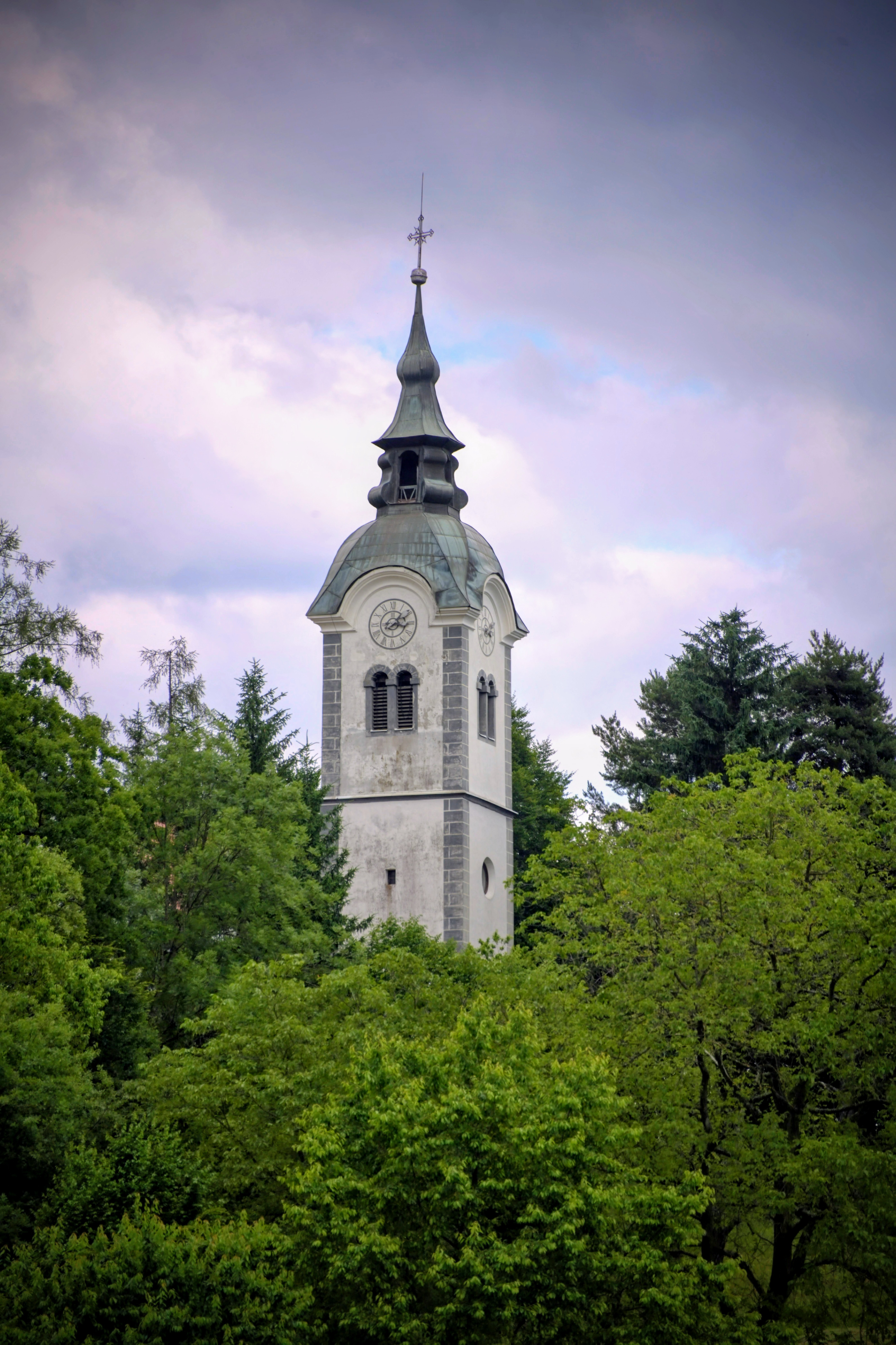 מגדל פעמונים של כנסייה עתיקה מבצבץ מתוך יער ירוק | Old Church Bell Tower Emerging from Green Forest